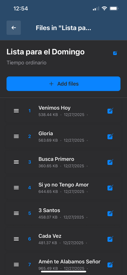 MDM Lista dark mode - files in playlist